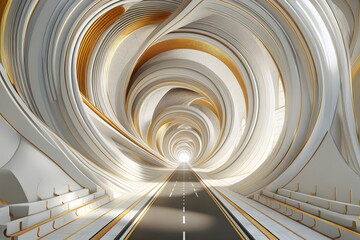 a tunnel hallway with white and gold curves swirling inward