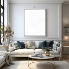 Comfortable living room with stylish furniture, cozy sofa, elegant lighting, and modern decor with blank poster Mockup 