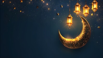 Obraz na płótnie Canvas ramadan islamic greeting card of crescent moon decoration and lanterns with copy space area banner
