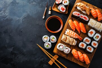 Sushi set on dark background, top view, copy space. Japanese Cuisine Concept with Copy Space. Oriental Cuisine Concept.