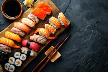 Sushi set on black stone background. Top view with copy space. Japanese Cuisine Concept with Copy Space. Oriental Cuisine Concept.