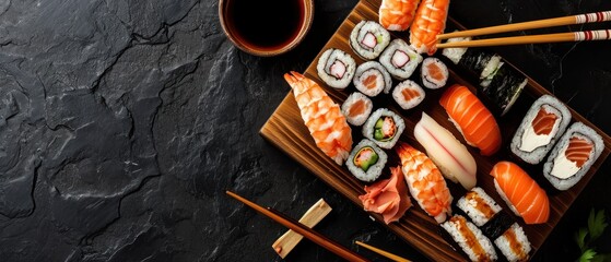 top view of delicious sushi with chopsticks on black background, panoramic shot. Japanese Cuisine Concept with Copy Space. Oriental Cuisine Concept.