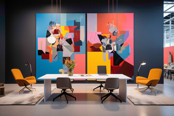 A contemporary office setup emphasizing simplicity, characterized by minimalist furniture against a backdrop of colorful, abstract wall paintings.