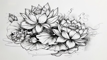 Water lotus flower. Tattoo sketch drawing. Japanese style - obrazy, fototapety, plakaty