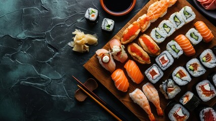Sushi set on a dark background, top view, copy space. Japanese Cuisine Concept with Copy Space. Oriental Cuisine Concept.