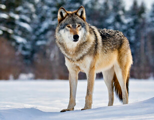 Obraz premium A lone wolf standing in a snowy clearing, its breath visible in the cold air, with a dense forest of snow-covered trees in the background