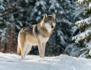 A lone wolf standing in a snowy clearing, its breath visible in the cold air, with a dense forest of snow-covered trees in the background
