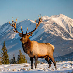 A majestic elk standing in a snow-covered meadow, with the mountains in the background bathed in the warm colors of the setting sun