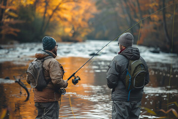 Two anglers fly fishing in a river during autumn