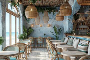 Beachside cafe interior with rattan light fixtures and ocean view - obrazy, fototapety, plakaty