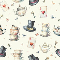 Watercolor wonderland seamless pattern background. Hand drawn vintage label with playing cards, vintage key, cylinder hat, teapot, cups, saucers, tea party.