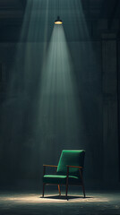 Solitary green mid-century chair under a spotlight in a dark room