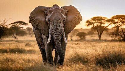 Fototapeta na wymiar An intimate moment captured up-close with an African elephant in the golden savannah at sunset