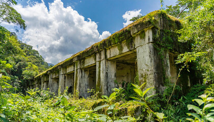 An old abandoned reinforced concrete building in the jungle with old walls covered in moss stains and overgrown