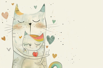 Whimsical cat illustration with a heart, projecting a sense of love and serenity.