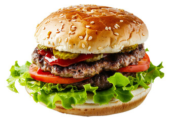 Classic cheeseburger with fresh lettuce and tomato on sesame seed bun on transparent background - stock png.