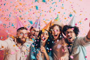 a group of young people of different ethnicities  nationalities celebrating a birthday in colorful caps with drinks in their hands and falling streamers, colorful confetti on a pink background. - obrazy, fototapety, plakaty