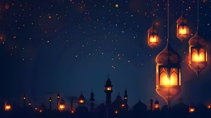 ramadan islamic greeting card of crescent moon decoration and lanterns with copy space area banner