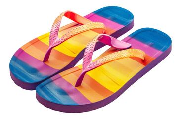 Vibrant striped colorful flip-flops perfect for summer vacation on transparent background - stock png.