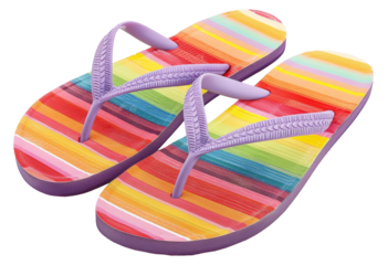 Vibrant striped colorful flip-flops perfect for summer vacation on transparent background - stock png.