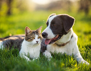 Cute dog and cat lying together on a green grass field nature in a spring sunny background