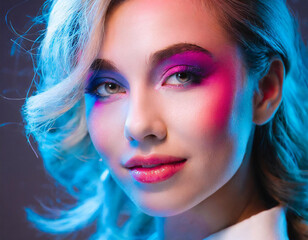Fashionable female portrait with wave face cover highlights in neon light, posing for the camera. Woman has bright makeup