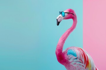Fototapeta premium Flamingo with Stylish Blue Glasses on Dual-Tone Background