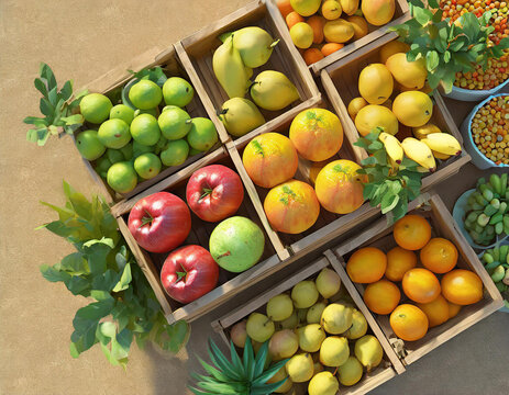 Farmer street market stand with wooden boxes, fresh ripe fruits, yellow apples, pears, bananas, oranges, tangerines, melons, red pomegranates, green potted plants. Top view. 3d render beige backdrop