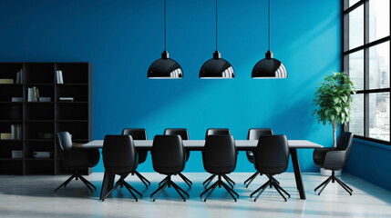 A contemporary office with a black and white color scheme, a vibrant blue accent wall, and...