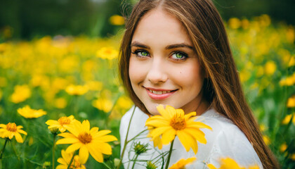 Naklejka premium Meadow Muse Girl's Portrait with Radiant Green Eyes, Brown Hair, Surrounded by Countless Yellow Flowers from a Lush Green Meadow, Pure Beauty