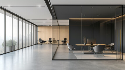 A minimalistic office space with transparent walls and a wall in matte charcoal. - obrazy, fototapety, plakaty