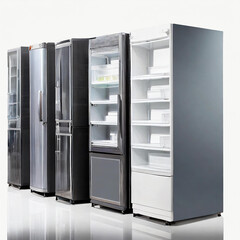 Refrigerators different types of supermarket fledges photo, mock-up, planogram. Suitable for presenting new products, interior design and retail design presentation