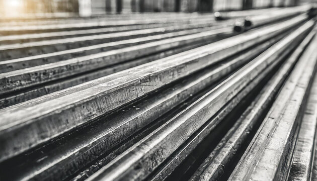 Rows of Steel Round Bar storage and stacking in the warehouse for industrial construction. Black and white with Shallow focus.