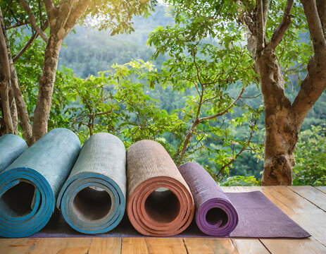 Row of Yoga Mats in Front of Wall with Tree Background for Relaxation and Meditation Practice
