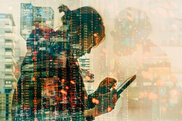 Double exposure of a person using a tablet with a cityscape and binary code overlay.
