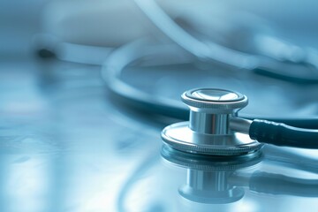 Close-up of a stethoscope on a reflective surface with a soft, blue-toned background. - obrazy, fototapety, plakaty