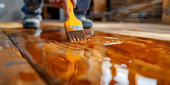 Applying Wood Stain Indoors: Enhancing with a Glossy Finish. Concept Wood Stain Application, Indoor DIY, Glossy Finish Techniques, Enhancing Wood Surfaces