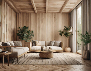 Wooden room design mockup, minimal Scandinavian living room mock up, beige tones and modern furniture