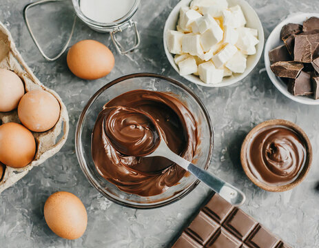 World Chocolate Day - July 7. Making tasty chocolate cream or spread. Ingredients on grey table, flat lay. Banner design - Powered by Adobe