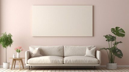 Fototapeta na wymiar A cozy and inviting living room with a blank white empty frame, capturing the warmth and comfort of a plush sofa and soft, pastel color tones.