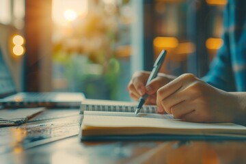 Person writing in a notebook with a laptop in the background.