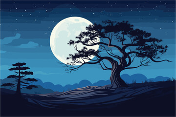 Single tree silhouette in the moon, Tree with moonlight background, Night Landscape