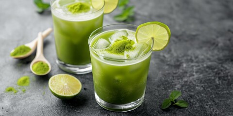 Fototapeta premium Glasses of matcha margaritas with salted rims, lime wedges, and matcha powder