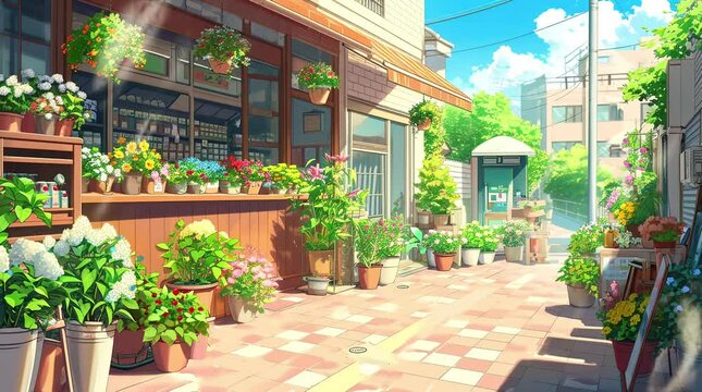 Sunny Day Storefront: Vibrant Shopfront Illuminated by Sunlight
 Seamless looping 4k time-lapse virtual video animation background. Generated AI