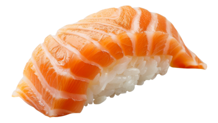 Fresh salmon sushi nigiri, traditional Japanese culinary delicacy on transparent background - stock png.