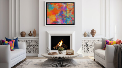 A cozy and inviting living room with a blank white empty frame, capturing the warmth and comfort of a fireplace surrounded by colorful, textured artwork.