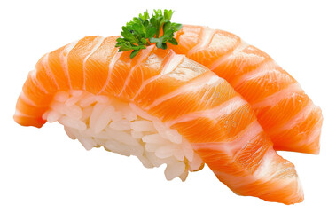 Fresh salmon sushi nigiri with parsley garnish on transparent background - stock png.