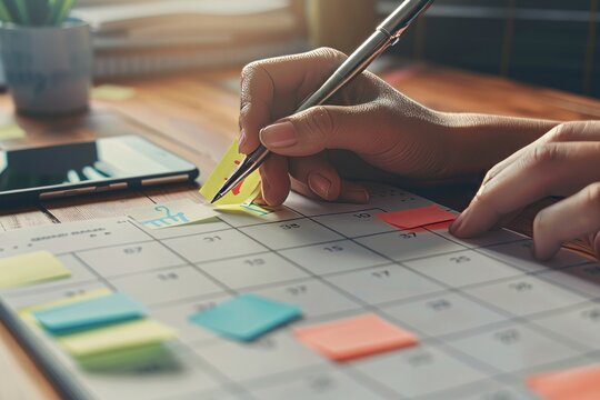 Person marking a calendar with a pen, with sticky notes and a smartphone in hand.