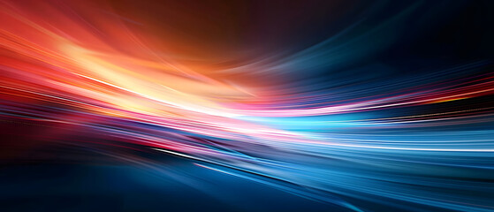 An abstract background featuring colored waves with a stream of red and blue neon lines against a dark backdrop. The image depicts abstract neon light streaks resembling high-speed light trails. - obrazy, fototapety, plakaty