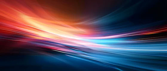 Fotobehang An abstract background featuring colored waves with a stream of red and blue neon lines against a dark backdrop. The image depicts abstract neon light streaks resembling high-speed light trails. © jex